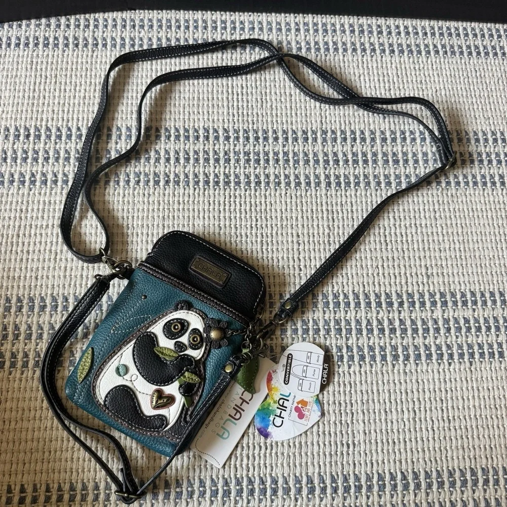 NEW CHALA TURQUOISE PANDA BAMBOO CELL PHONE CROSSBODY PURSE STRAP BLACK WHITE